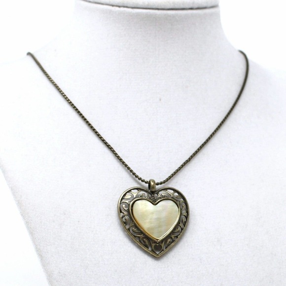 Vintage Gold Iridescent Shell Ornate Heart Pendant Necklace 20" Chain - Hey Viv - Picture 4 of 6